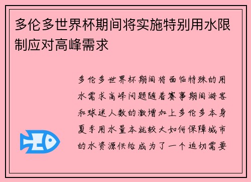 多伦多世界杯期间将实施特别用水限制应对高峰需求