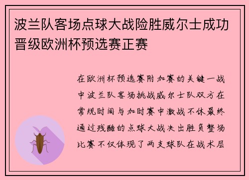 波兰队客场点球大战险胜威尔士成功晋级欧洲杯预选赛正赛