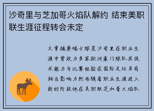 沙奇里与芝加哥火焰队解约 结束美职联生涯征程转会未定