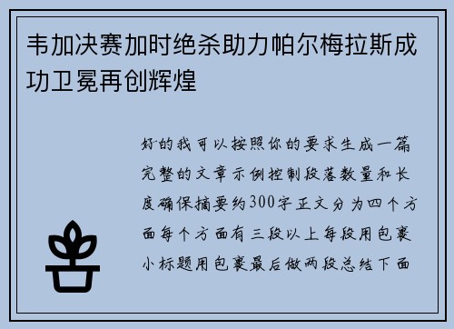 韦加决赛加时绝杀助力帕尔梅拉斯成功卫冕再创辉煌